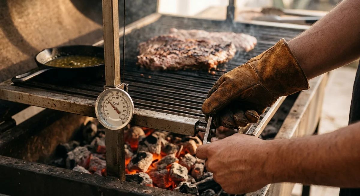 Un asador de carbón con termómetro, una sartén con salsa, carne asada en la parrilla y una mano con guante de piel moviendo el carbón