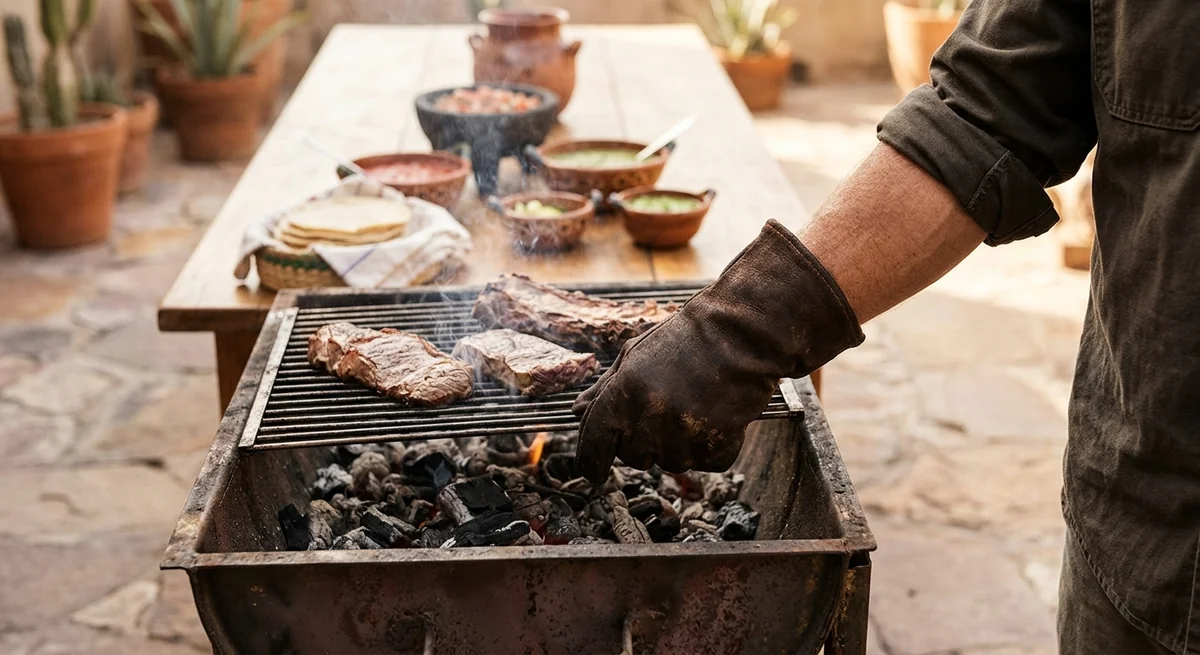 Mano con guante de cuero oscuro moviendo carbón encendido en un asador de metal, con carne asándose y una mesa con salsas y tortillas