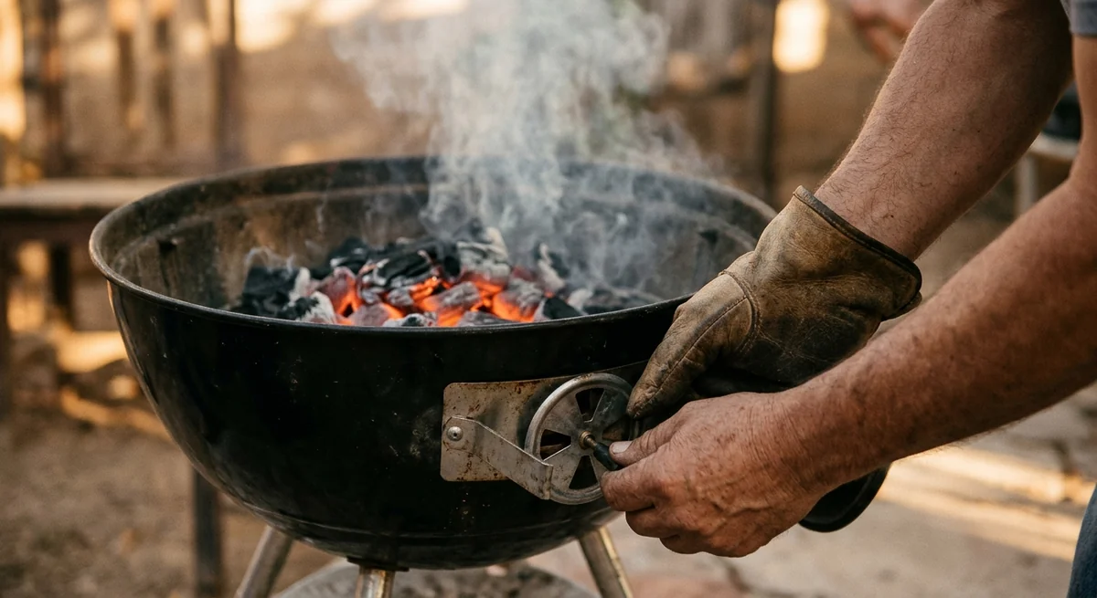 Manos con guante de piel ajustando la ventilación de un asador de carbón negro con brasas rojas y humo blanco