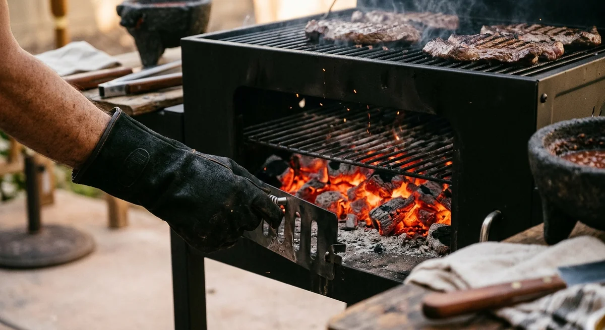 Mano con guante negro ajustando la parrilla de un asador de carbón con carne asada humeante y un molcajete al lado